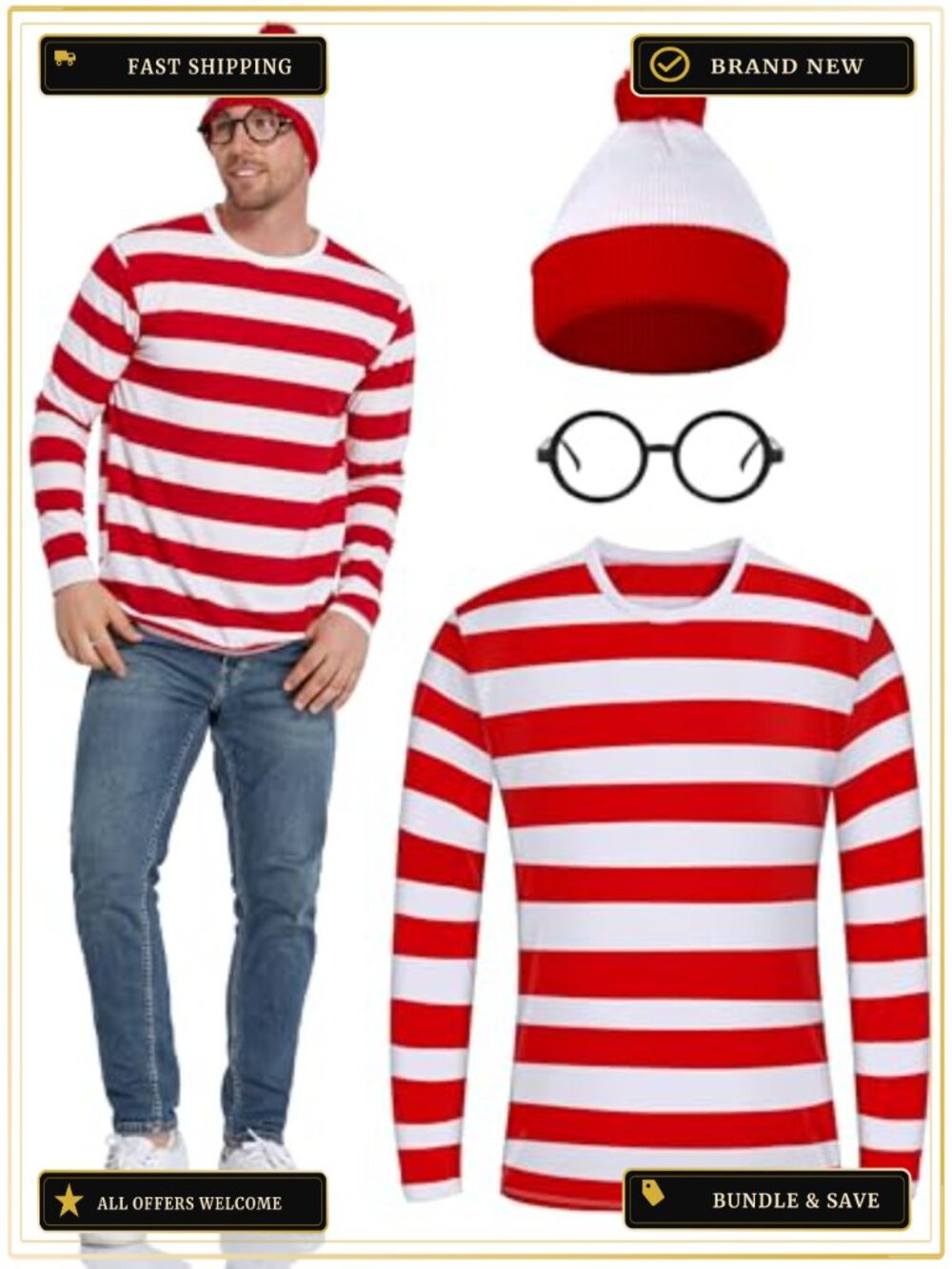 Men Halloween Nerd Costume Set Striped Long Sleeve Tee Beanie Glasses